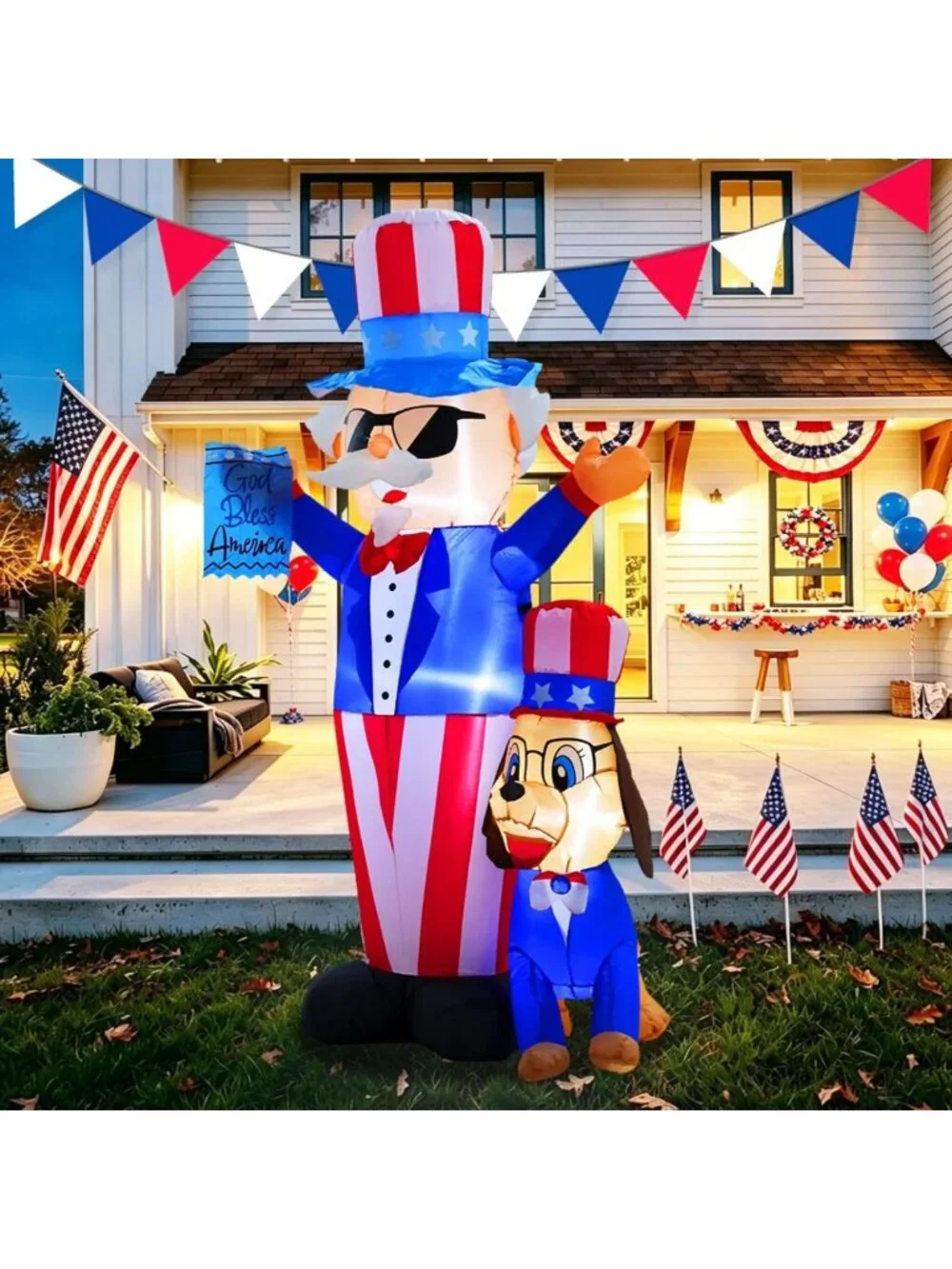 7FT Patriotic 4th of July Inflatable Decor with LED Lights - Uncle Sam & Dog